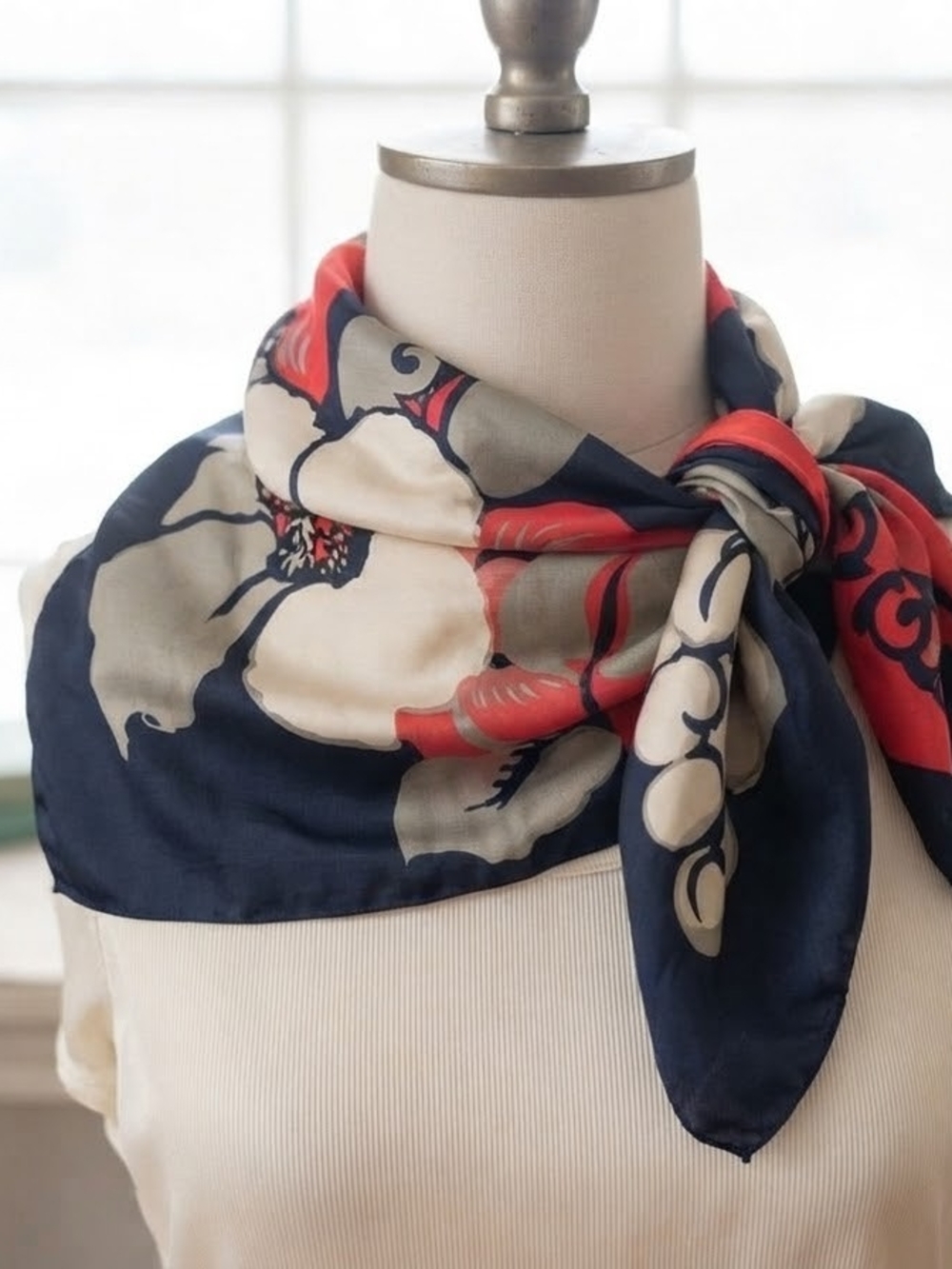 Vintage Ponte Tresa Navy Blue Red Floral Silk Feel Scarf 30x30 Retro Mod Classic
